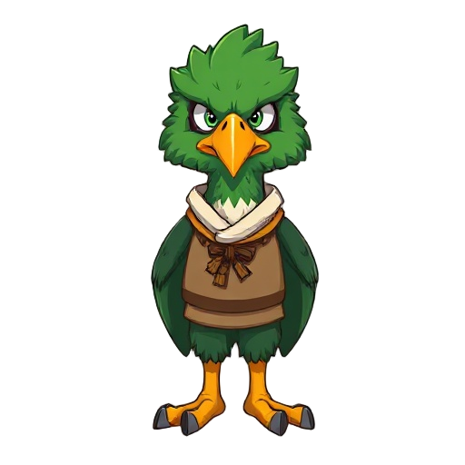 head and face: raivo has the head of a green eagle with thick feathers, a strong and sharp beak that shows determination, and eyes that give off a serious and firm look.  clothing: he wears a traditio