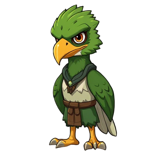 head and face: raivo has the head of a green eagle with thick feathers, a strong and sharp beak that shows determination, and eyes that give off a serious and firm look.  clothing: he wears a traditio