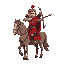 a pixel art archer wielding bow an arrow, wearing red clothes, looks noble, riding horse