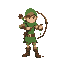 a pixel art archer wielding bow and arrows, wearing green clothes 