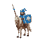 a pixel art warrior wielding spear and shield, wearing blue clothes, looks noble, riding horse