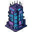 2d pixel art cyberpunk skyscraper: neon signs, glowing blue/pink windows, holographic ads, exposed pipes, antennas, rooftop tech, futuristic and gritty. transparent background, game-ready