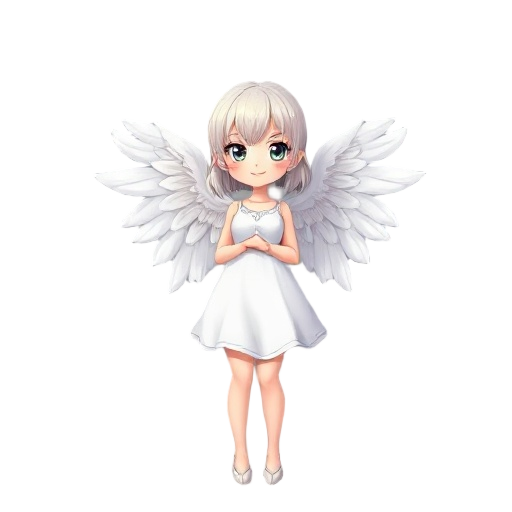 a cute and with curvy body angel girl, white angelic wings and dress, female, anime face,mature