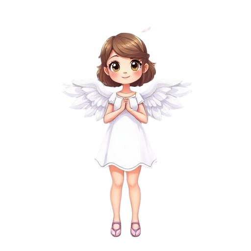 a cute and with curvy body angel girl, white angelic wings and dress