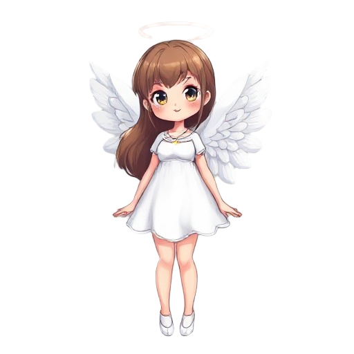 a cute and with curvy body angel girl, white angelic wings and dress, female, anime face