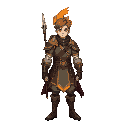 genshin impact-inspired style for a 2d side-scroller game. the character is a male spearman with a pyro elemental vision, designed with a serious warrior personality. his outfit and aesthetics are inspired by mondstadt's european medieval style.