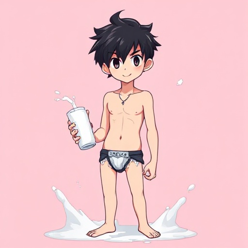 hot-boy-black hair-without shirt-no pants-full body- with underwear- milk