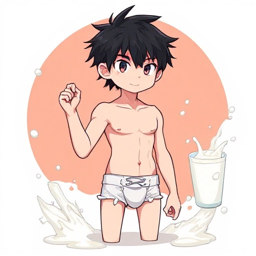 hot-boy-black hair-without shirt-no pants-full body- with underwear- milk