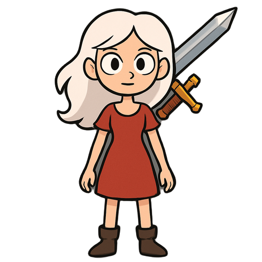 a white-haired slender young girl in a red dress with a flying sword on her back