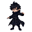 a high-quality 2d pixel art sprite sheet of a dark, mysterious anime-style warrior in a battle-ready stance. the character has black, slightly messy hair, a long black coat with dark blue highlights, 