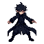 a high-quality 2d pixel art sprite sheet of a dark, mysterious anime-style warrior in a battle-ready stance. the character has black, slightly messy hair, a long black coat with dark blue highlights,