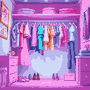 closet, bratz inspired scene, pastel colors , clothes hanging