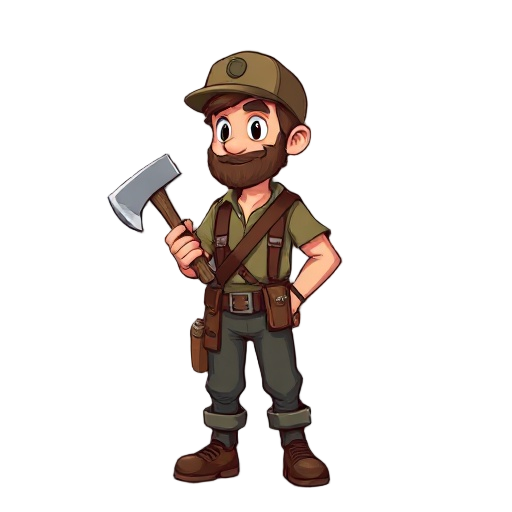 a forester with an axe in his hand, his face is facing left, he is facing left