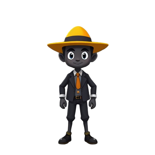 personaje con traje y corbata de piel negra que tenga un sombrero amarillo