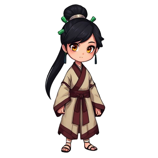 woman, long black hair tied in a high bun with jade pins  pale robes with dark red trimming, worn and stained  burn mark on left forearm shaped like a coin  piercing amber eyes