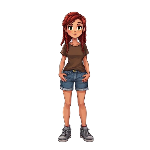 a woman with red hair and dreadlocks, wearing a brown t-shirt, jeans shorts and gray sneakers.