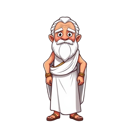 full-body view of an ancient greek noble. metal slug style. comic. the noble wears a white tunic and he is old. looks like a philosopher. children cartoon character style. cute and funny.