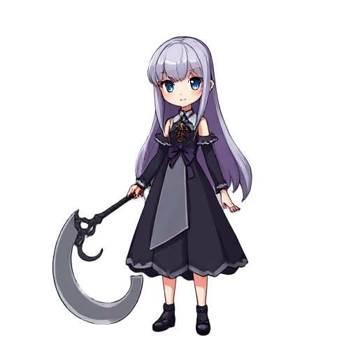 a girl in a dress and long hair, with a scythe in her hand