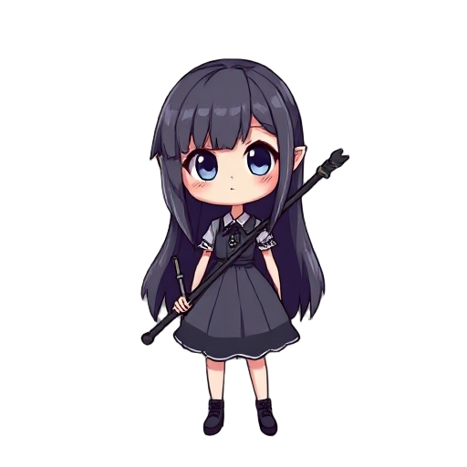a girl in a dress and long hair, with a scythe in her hand