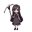 a girl in a dress and long hair, with a scythe in her hand