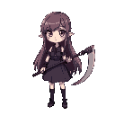 a girl in a dress and long hair, with a scythe in her hand