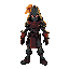 ilustração digital estilizada do personagem principal de dead cells, conhecido como o sem-cabeça. ele está em pé, em pose de combate, com a cabeça em chamas emitindo luzes laranja e vermelhas intensas