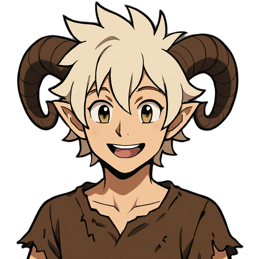 young adult demon with thick, spiky, wild white hair in anime style. twisted ram-like horns spiraling forward. wears old torn clothes. looks happy and kind.