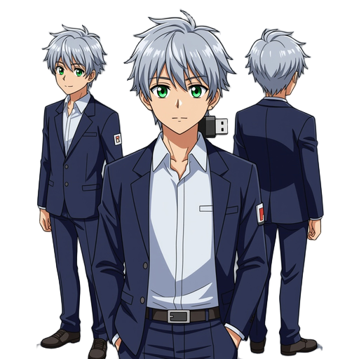 a young man in a japanese school uniform with a usb port in his neck, green eyes, short haircut, gray hair