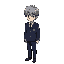 a young man in a japanese school uniform, green eyes, short haircut, gray hair, gloomy, dark colors