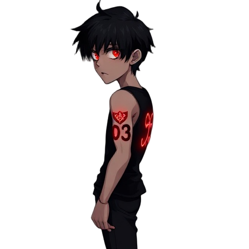anime-style light novel cover.a mysterious man with black hair and glowing red eyes stands scared. his right arm has the number 03 marked on it like a tattoo and glowing symbol red on the entire arm, hes standing from the side, wearing black tank top, bla