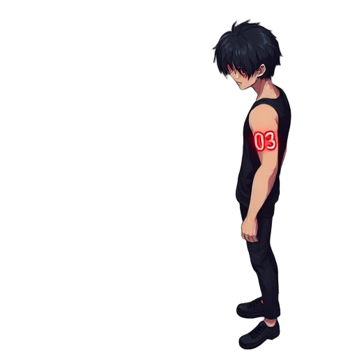anime-style light novel cover.a mysterious man with black hair and glowing red eyes stands scared. his right arm has the number 03 marked on it like a tattoo and glowing symbol red on the entire arm, hes standing from the side, wearing black tank top, bla