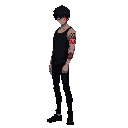 anime-style light novel cover.a mysterious man with black hair and glowing red eyes stands scared. his right arm has the number 03 marked on it like a tattoo and glowing symbol red on the entire arm, hes standing from the side, wearing black tank top, bla