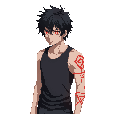 anime-style light novel cover.a mysterious man with black hair and glowing red eyes stands scared. his right arm has the number 03 marked on it like a tattoo and glowing symbol red on the entire arm, hes standing from the side, wearing black tank top.