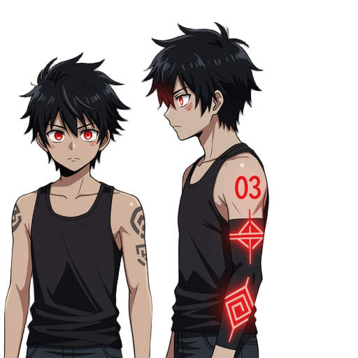 anime-style light novel cover.a mysterious man with black hair and glowing red eyes stands scared. his right arm has the number 03 marked on it like a tattoo and glowing symbol red on the entire arm, hes standing from the side, wearing black tank top.