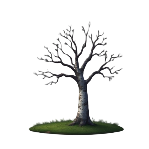 birch tree dark ambient old style no background and grass