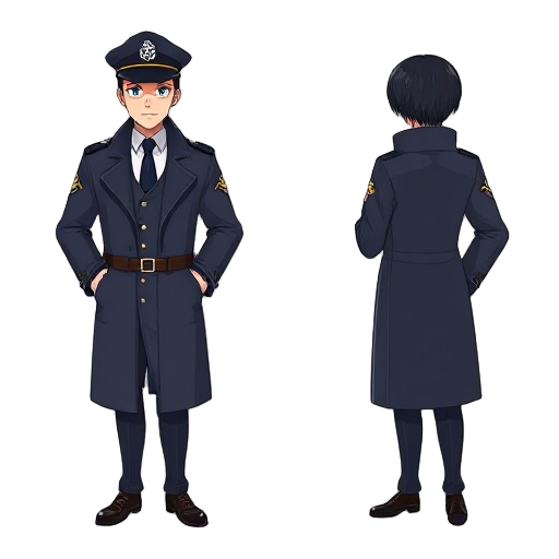 police inspector, long coat, short black hair, bread
