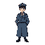 police inspector, long coat, short black hair, bread