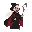 female mage wearing black cloak with a red cape, white hair color, holding an electric staff