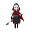 female mage wearing black cloak with a red cape, white hair color, holding an electric staff