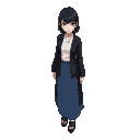 a woman with half up half down black hair, in white shirt, black long jacket, blue long skirt