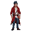 a man with black hari, in white shirt, red long jacket, blue jeans, sword in his belt