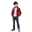 a man with black hair white shirt, red jacket, blue jeans