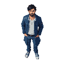 a man with black hair and ahoge, in white shirt, blue long jacket, blue jeans
