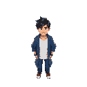 a man with black hair and ahoge, in white shirt, blue long jacket, blue jeans