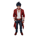 a man with black hari, in white shirt, red long jacket, blue jeans, sword in his belt