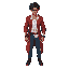 a man with black hari, in white shirt, red long jacket, blue jeans, sword in his belt