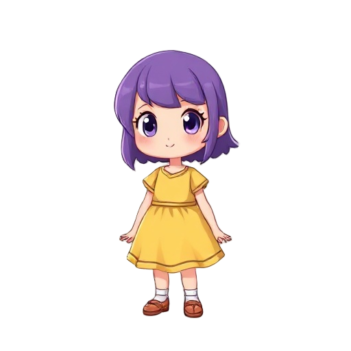 a small girl with a purple hair and a yellow dress