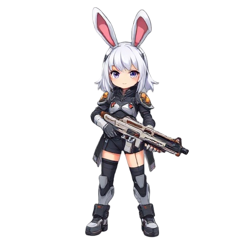 girl with bunny ears and white hair in an techno armor and a gun