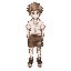  a white boy with curly hair wearing a white shirt and ripped brown shorts