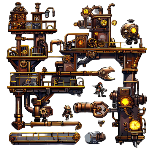 steampunk side-scroller scene featuring straight-edged industrial platforms of brass and iron, glowing gears, pipes, robots, and a wrench-wielding adventurer, designed as a clean, playable game screenshot.
